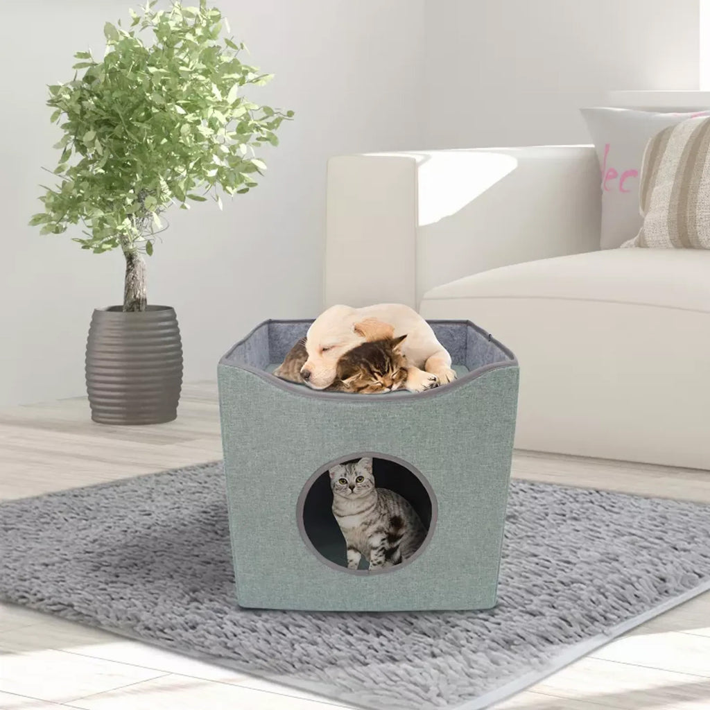 Foldable Cat Condo Cube House with Reversible Cushion, Indoor Cat Cave Bed & Hideaway, Green, 15.5" x 15.5" x 15"