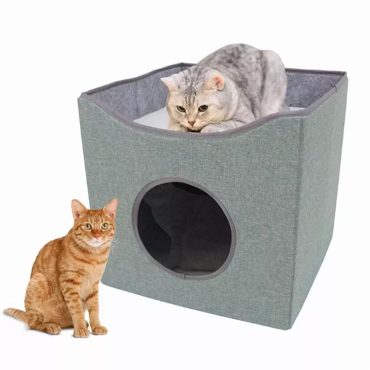 Foldable Cat Condo Cube House with Reversible Cushion, Indoor Cat Cave Bed & Hideaway, Green, 15.5" x 15.5" x 15"