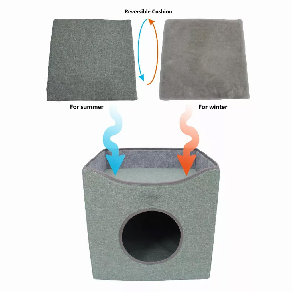 Foldable Cat Condo Cube House with Reversible Cushion, Indoor Cat Cave Bed & Hideaway, Green, 15.5" x 15.5" x 15"