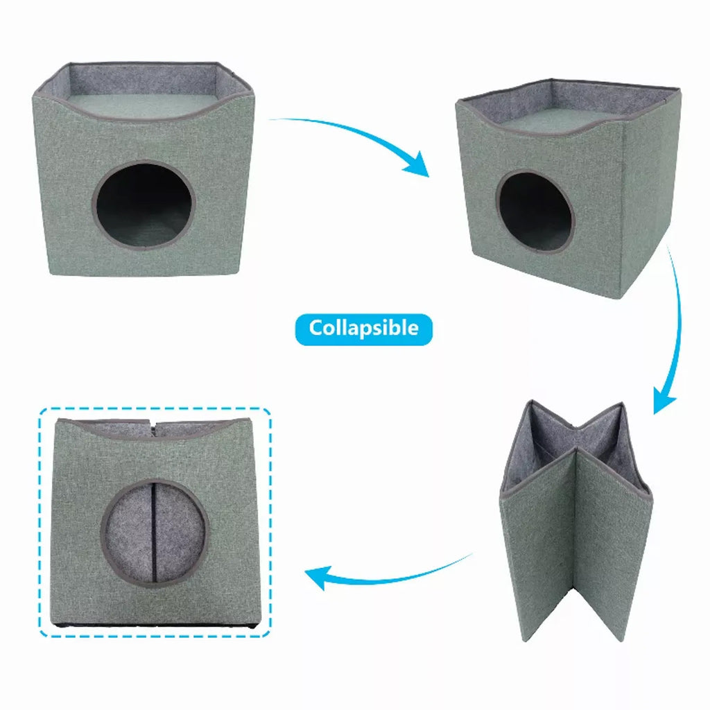 Foldable Cat Condo Cube House with Reversible Cushion, Indoor Cat Cave Bed & Hideaway, Green, 15.5" x 15.5" x 15"