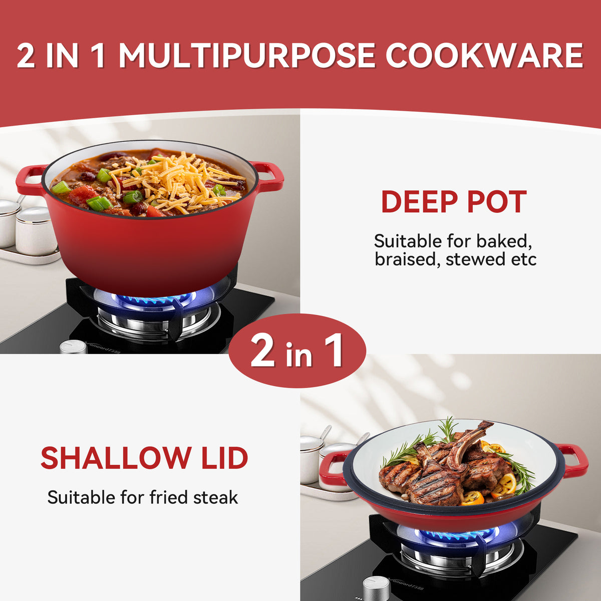 2 in 1 Enameled Cast Iron Dutch Oven, Multi-Functional Cover as Skillet, Dual Handles, Oven Safe, 3 Colors Available for Baking, Braising, Stewing