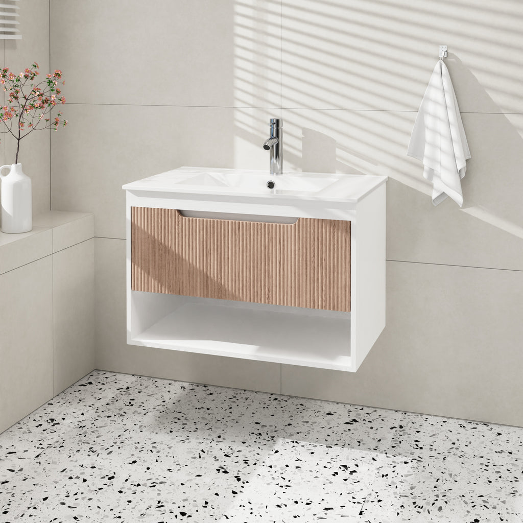 AEELLEEA 30" Floating Bathroom Vanity, Fluted Oak Drawer, White Ceramic Sink, Wall Mount Bath Cabinet