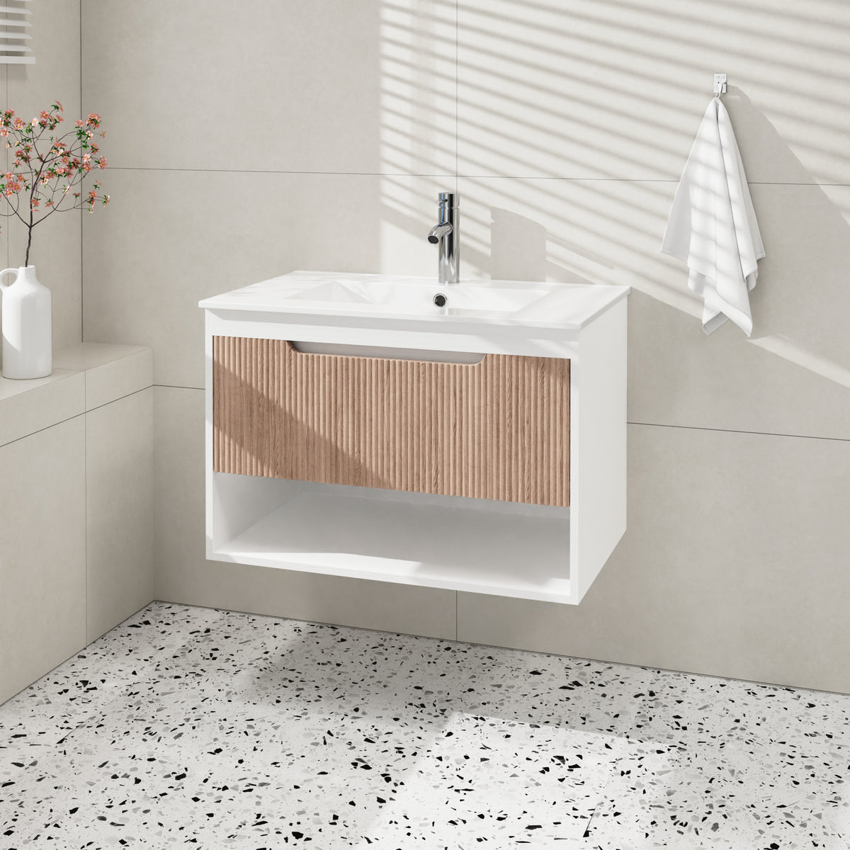 AEELLEEA 30" Floating Bathroom Vanity, Fluted Oak Drawer, White Ceramic Sink, Wall Mount Bath Cabinet