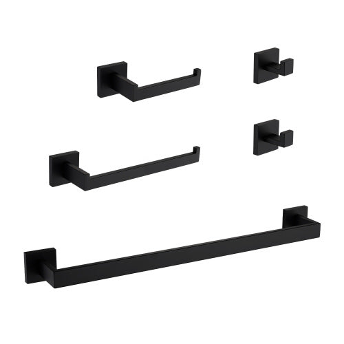 AEELLEEA 5-Piece Matte Black Bathroom Hardware Set, 23.82" Towel Bar Toilet Paper Holder 2 Robe Hooks Wall Mount Accessory Kit