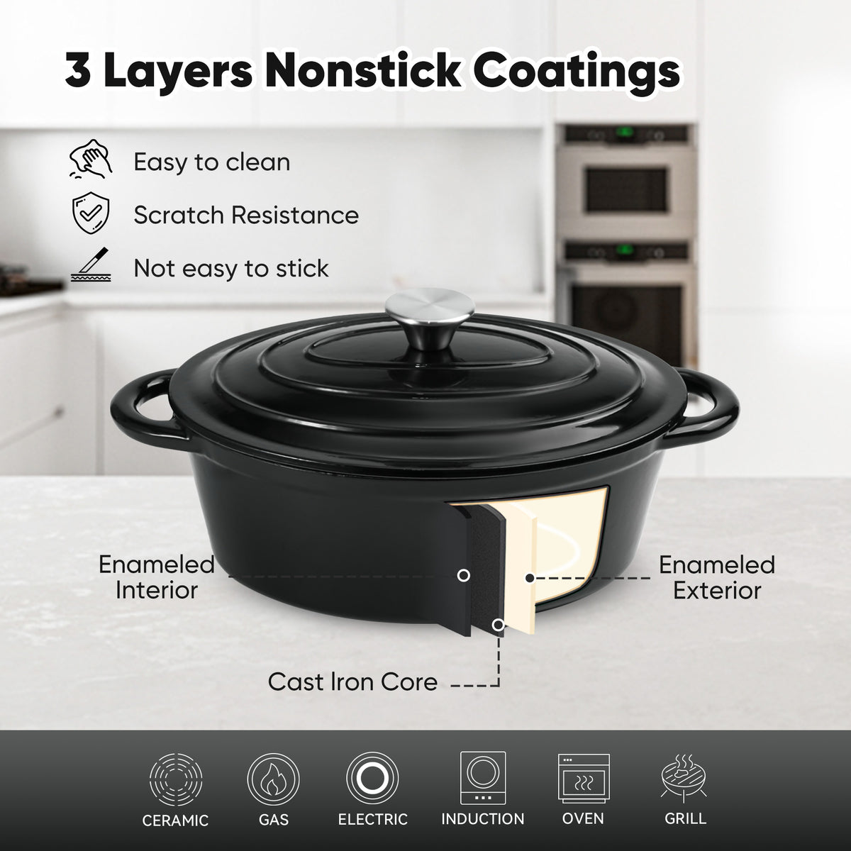 4.5 Quart Enameled Cast Iron Dutch Oven with Lid-Non-Stick Coating, Easy-to-Clean Oven Pot for Bread Baking, Stews, Roasting, Compatible with All Cooktops