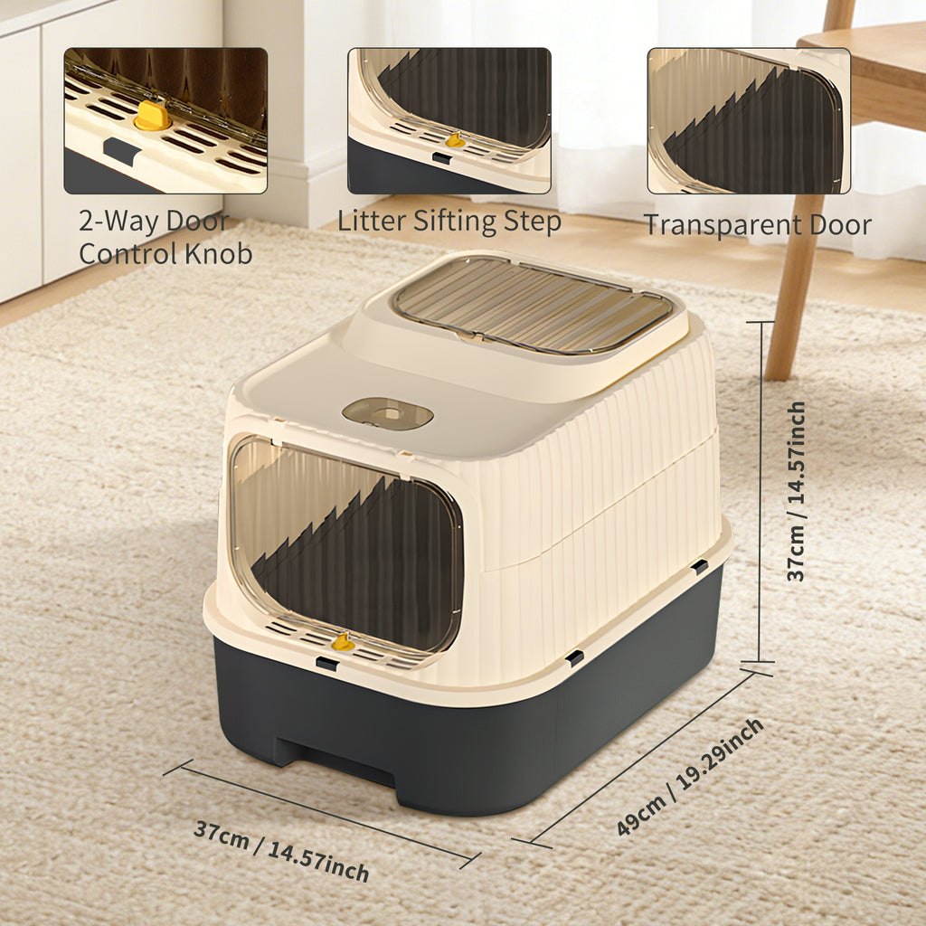 Enclosed Cat Litter Box with 2-Way Transparent Door and Litter Sifting Step, Removable Easy-Clean Design, Beige & BALCK