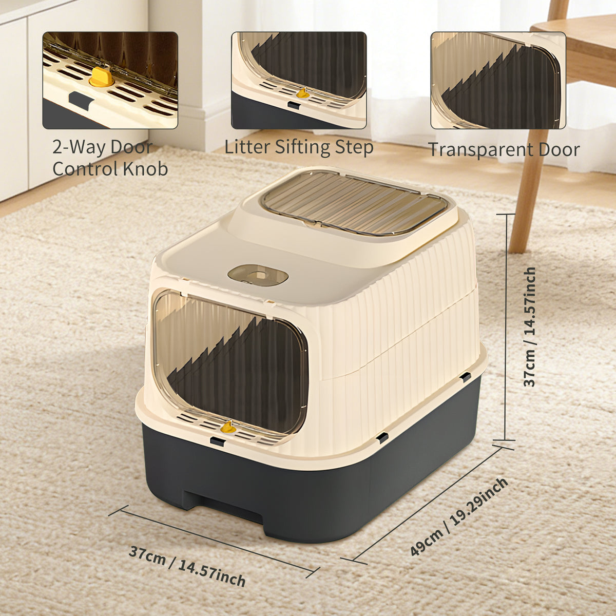 Enclosed Cat Litter Box with 2-Way Transparent Door and Litter Sifting Step, Removable Easy-Clean Design, Beige & BALCK