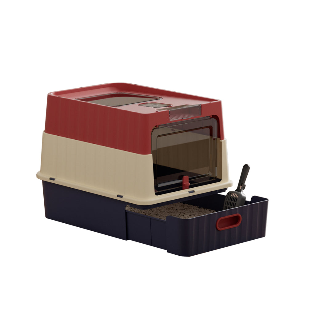 Convertible Enclosed Cat Litter Box with Pull-Out Drawer, Front Door, Top Vent Panel & Litter Scoop, Red, 19.69" x 13.78" x 13.78"