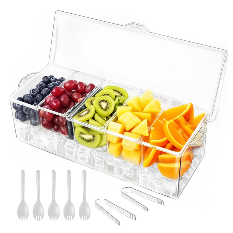 Chilled Condiment Server, condiment tray, bar garnish holder on ice, removable trays, with lid, stainless steel spoons forks clip, bar accessories, fruit salad storage