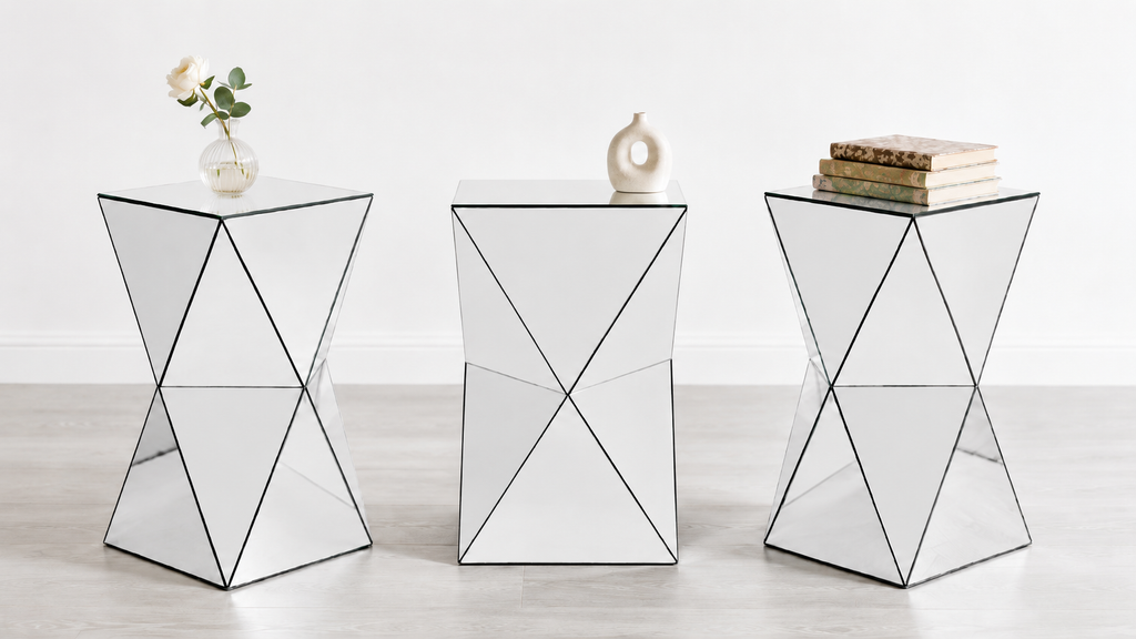 AEELLEEA 12.6 in Mirrored Geometric Side Table, Silver Square Accent End Table, Modern Nightstand for Living Room Bedroom