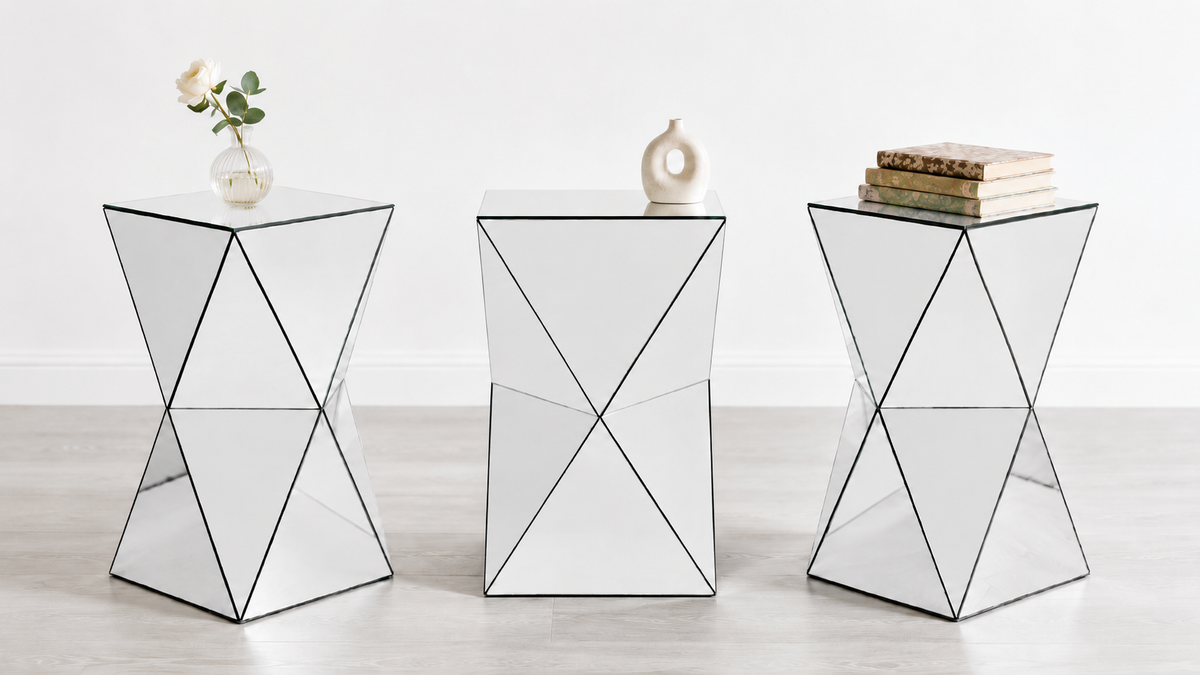 AEELLEEA 12.6 in Mirrored Geometric Side Table, Silver Square Accent End Table, Modern Nightstand for Living Room Bedroom