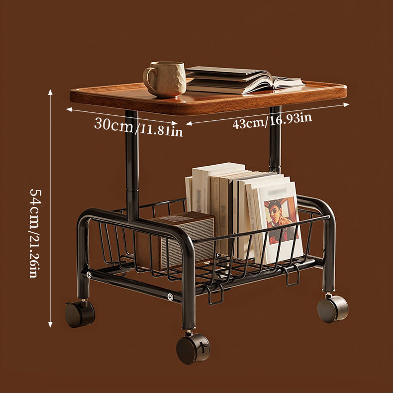 Mobile Sofa Side Table Cart, 2-Tier Design with Removable Metal Basket, 360° Rolling Storage Table for Bedside Living Room