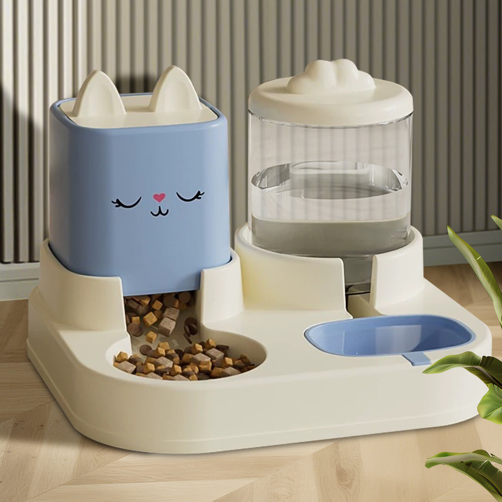 Cat-Themed Automatic Pet Feeder and Water Dispenser Set, Food Bowl with Storage Container, 12.59 x 11.22 inch Base