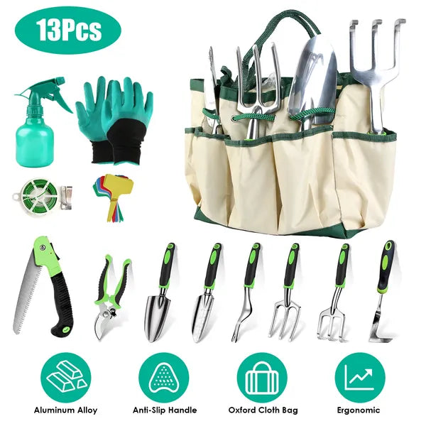 Aeelleea 13Pcs Heavy Duty Aluminum Garden Tool Set, Non-Slip TPR Handle, Oxford Tote Bag, Plant Markers for Digging, Loosening Soil & Pruning