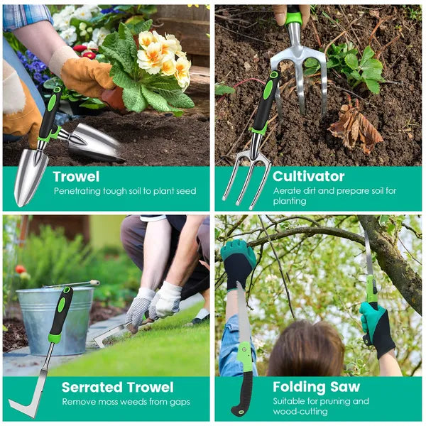 Aeelleea 13Pcs Heavy Duty Aluminum Garden Tool Set, Non-Slip TPR Handle, Oxford Tote Bag, Plant Markers for Digging, Loosening Soil & Pruning