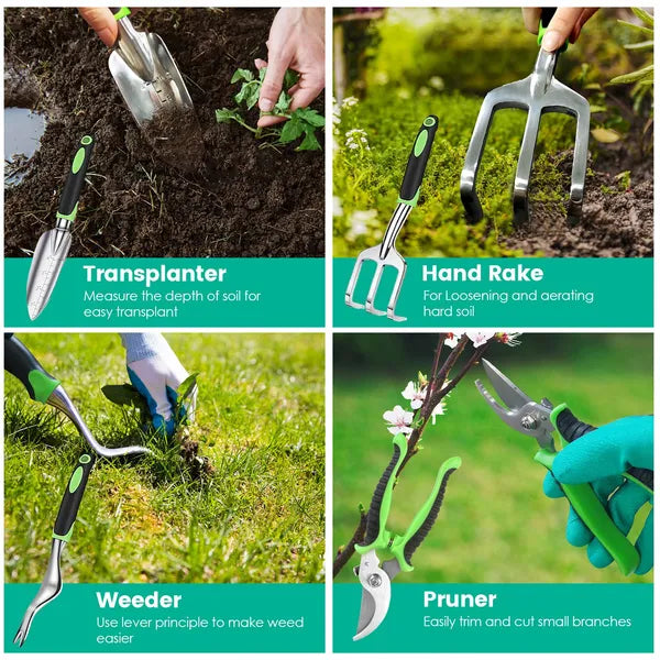 Aeelleea 13Pcs Heavy Duty Aluminum Garden Tool Set, Non-Slip TPR Handle, Oxford Tote Bag, Plant Markers for Digging, Loosening Soil & Pruning