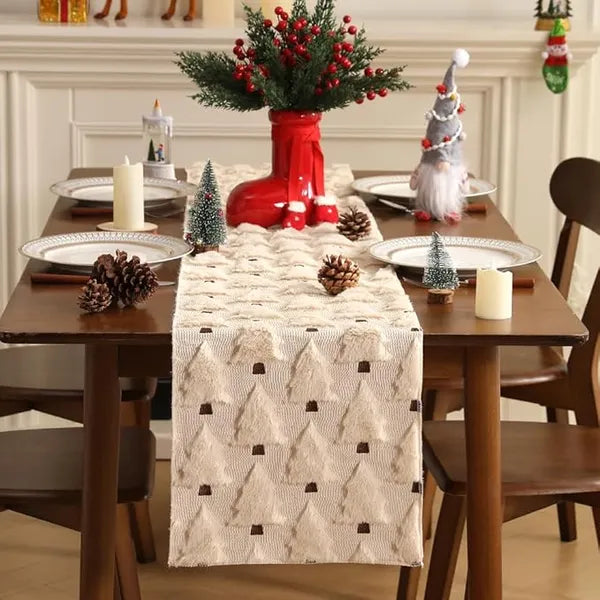Beige Faux Fur Jacquard Christmas Tree Table Runner 13×108 Inch, Soft Plush Table Runner for Kitchen Dining Table Holiday Party Home Decor