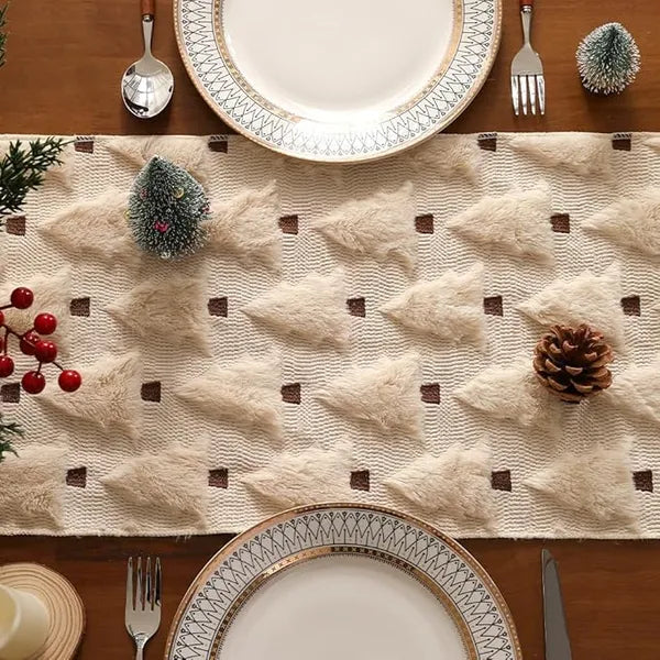 Beige Faux Fur Jacquard Christmas Tree Table Runner 13×108 Inch, Soft Plush Table Runner for Kitchen Dining Table Holiday Party Home Decor