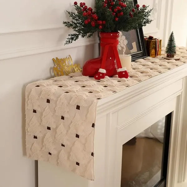 Beige Faux Fur Jacquard Christmas Tree Table Runner 13×108 Inch, Soft Plush Table Runner for Kitchen Dining Table Holiday Party Home Decor