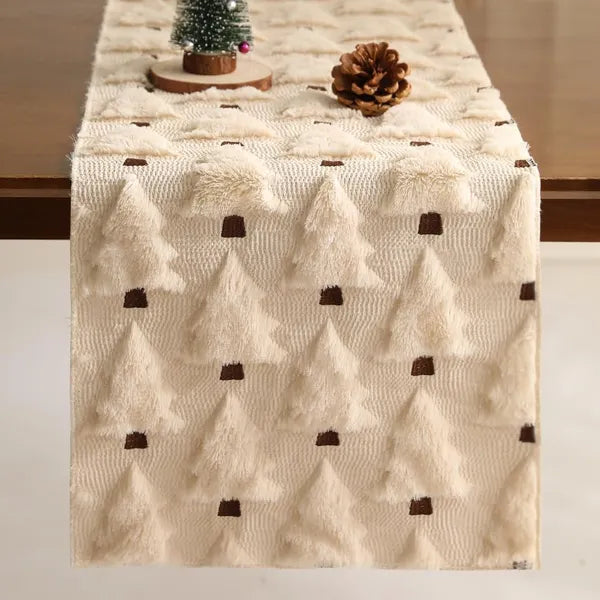 Beige Faux Fur Jacquard Christmas Tree Table Runner 13×108 Inch, Soft Plush Table Runner for Kitchen Dining Table Holiday Party Home Decor