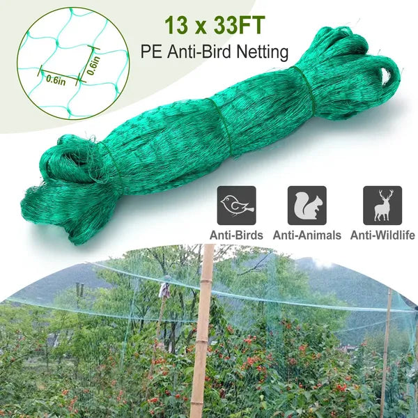 AEELLEEA 13 x 33 FT Green PE Anti-Bird Netting, Garden Plant Fruit Tree Protective Net for Birds Squirrels Wildlife