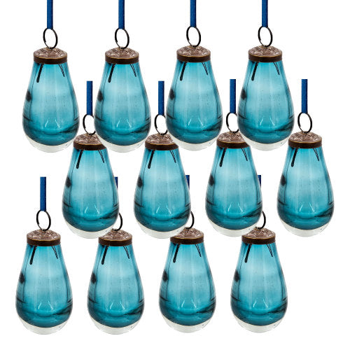 Glass Christmas Ornaments 12 Pack, Teardrop Bottle Shape with Hanging Loop, Blue Green Holiday Tree Decor
