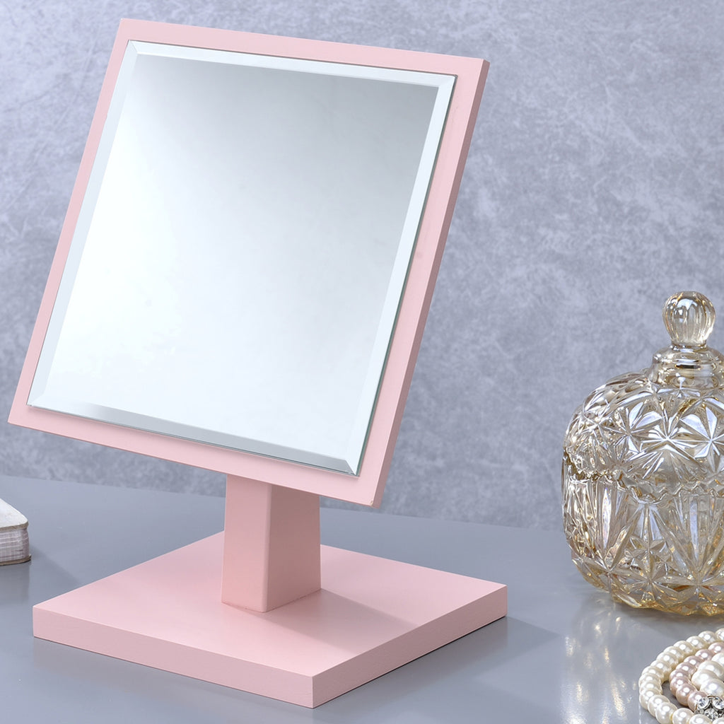9.5 Inch Tall Polyresin and Wood Makeup Mirror on Pedestal, Pastel Pink Finish
