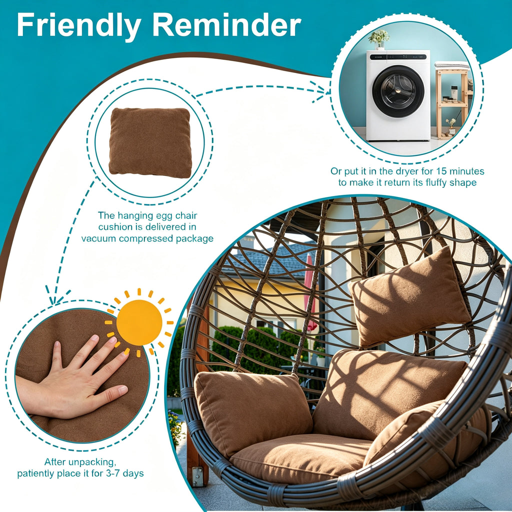 Hanging Egg Chair Cushion with Head Pillow, Thick Hollow Cotton Replacement Pad, Removable Washable Polyester Cover for Indoor Outdoor Wicker Swing Chair