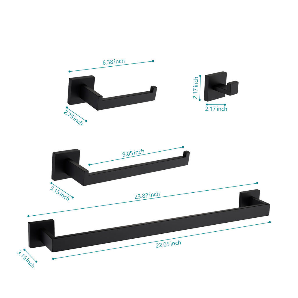 AEELLEEA Matte Black Bathroom Hardware Kit, 23.82in Towel Bar, 4 in 1 Wall Mount Bathroom Accessory Set