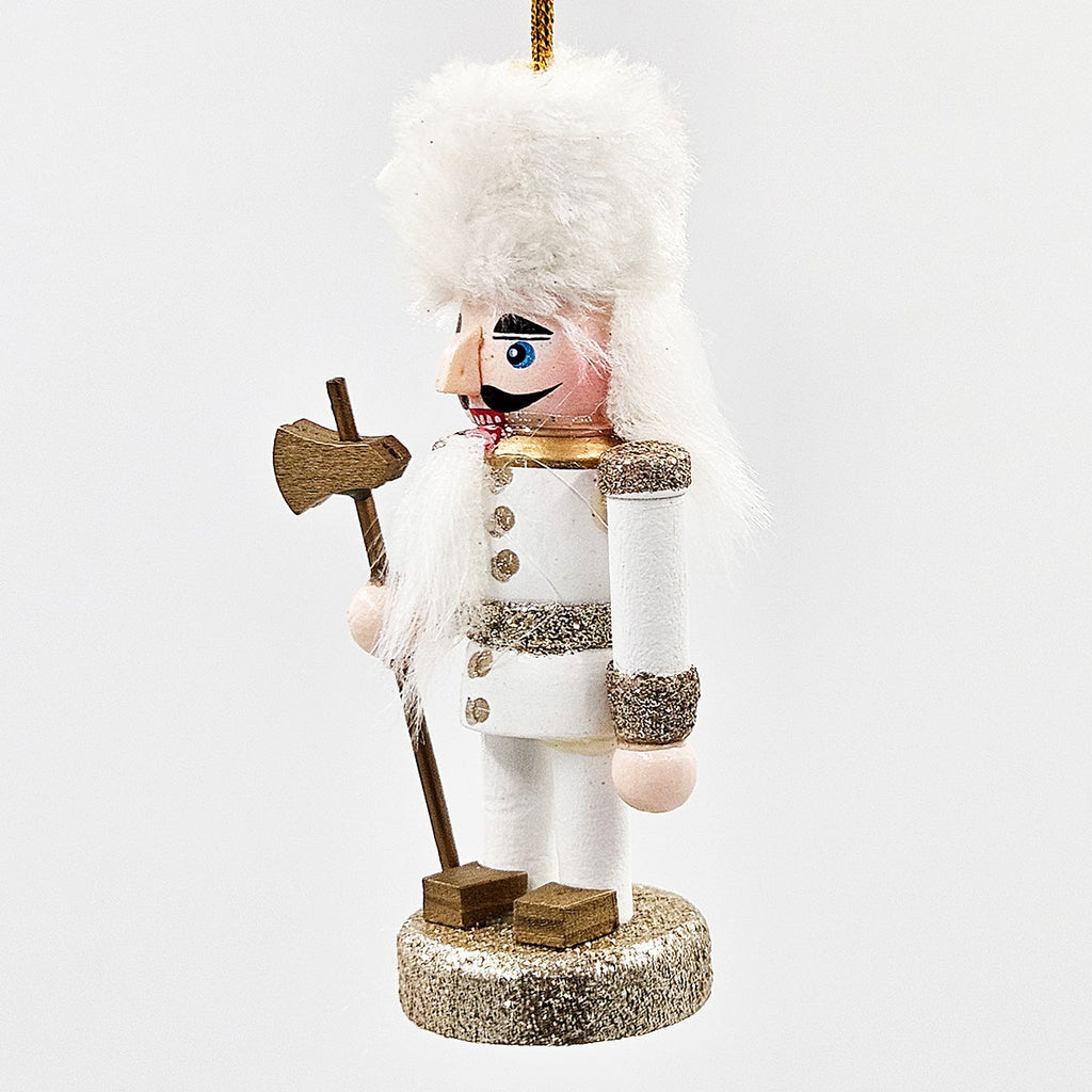 AEELLEEA 5 Inch White Gold Wooden Nutcracker Ornaments, Christmas Tree Hanging Soldier Decor, Set of 4