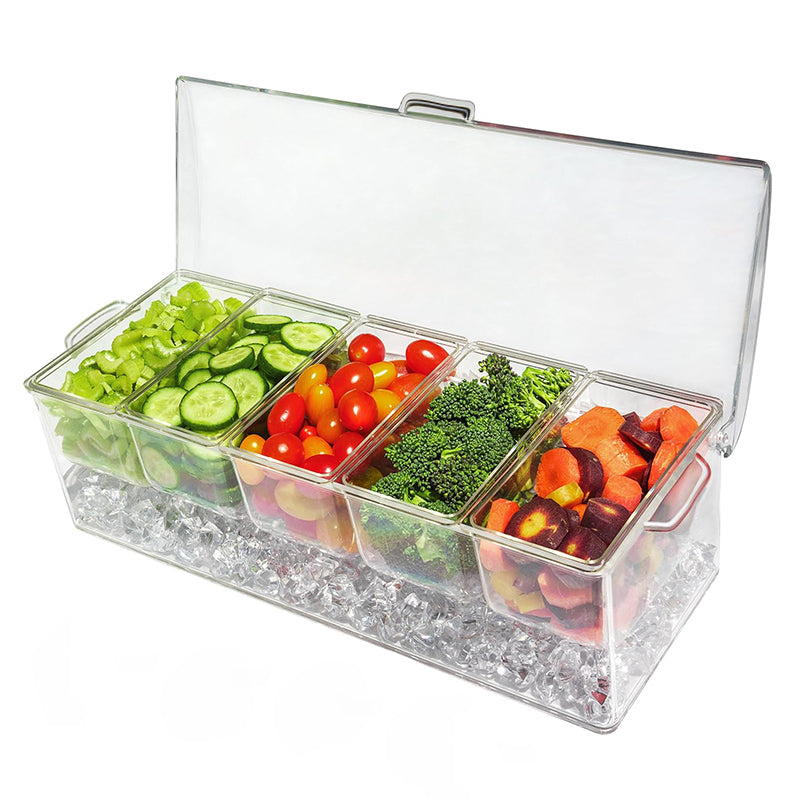 Chilled Condiment Server, condiment tray, bar garnish holder on ice, removable trays, with lid, stainless steel spoons forks clip, bar accessories, fruit salad storage