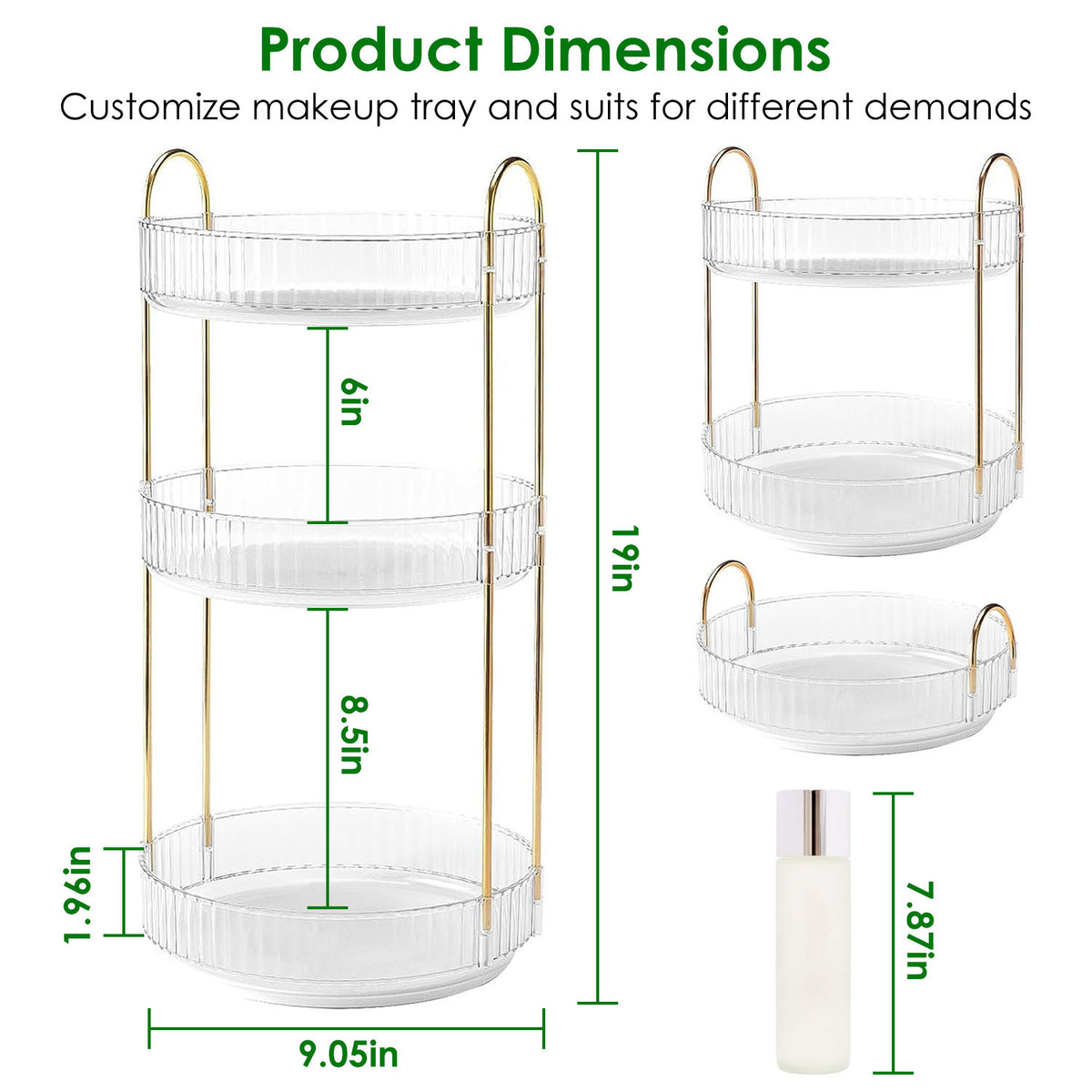 Aeelleea 3-Tier Rotating Makeup Organizer, Round White Cosmetic Storage Tray, 360° Spinning Skincare Holder for Bathroom Vanity