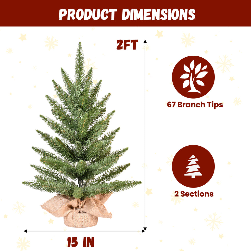 2FT Mini Tabletop Artificial Christmas Tree, 67 Branch Tips Realistic Unlit Pine Tree with Burlap Base, Holiday Decor for Home Office