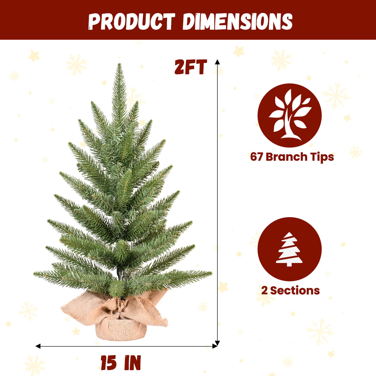 2FT Mini Tabletop Artificial Christmas Tree, 67 Branch Tips Realistic Unlit Pine Tree with Burlap Base, Holiday Decor for Home Office