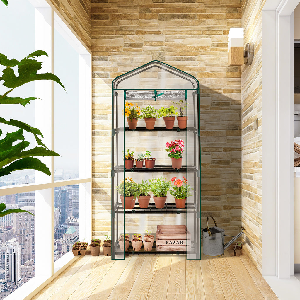 AEELLEEA-4-4-Tier Mini Greenhouse with PVC Cover & Roll-Up Zipper Door, Portable Waterproof Greenhouse for Garden Backyard. 27"x19"x62", transparent cover guards plants, easy to assemble & move, ideal for seedlings
