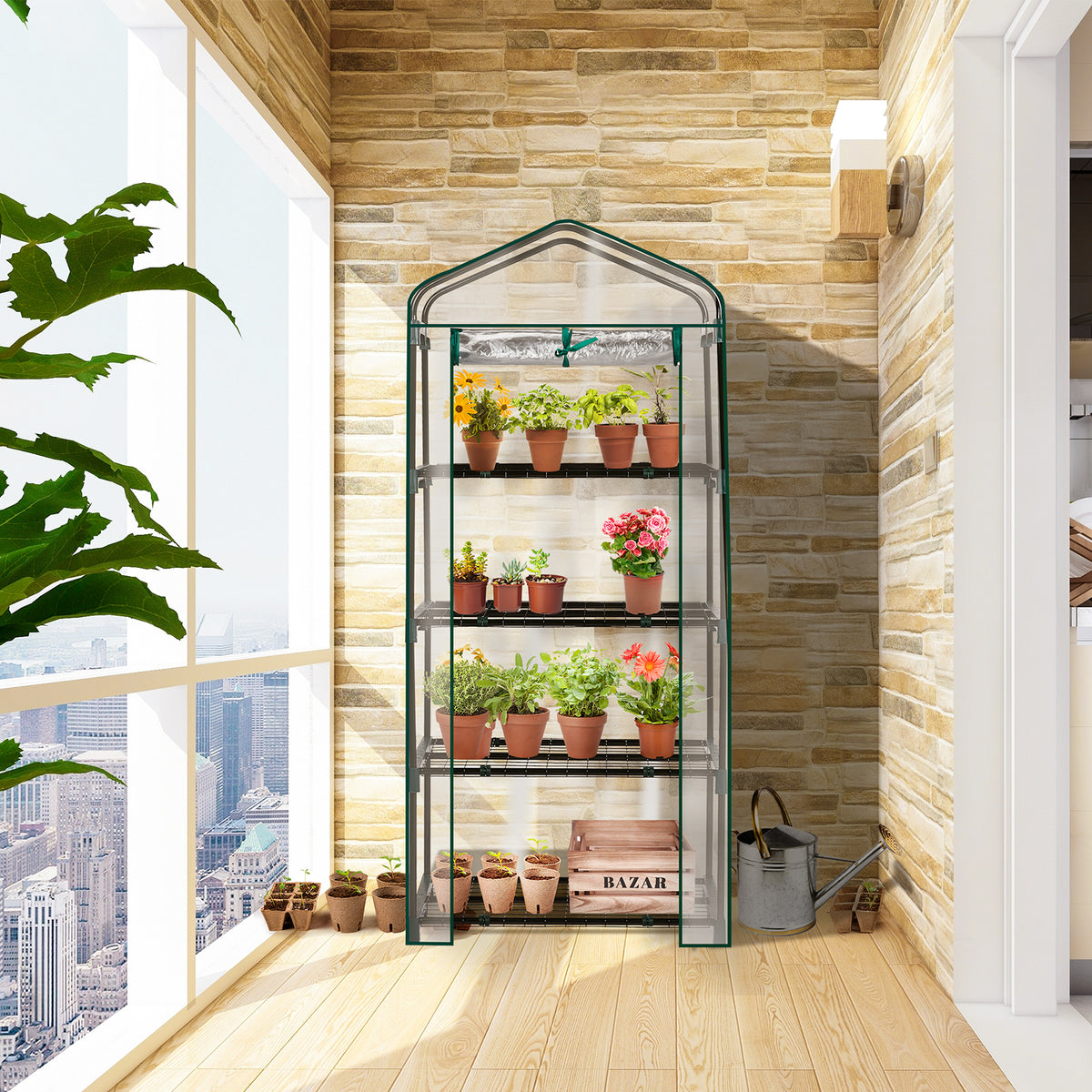 AEELLEEA-4-4-Tier Mini Greenhouse with PVC Cover & Roll-Up Zipper Door, Portable Waterproof Greenhouse for Garden Backyard. 27"x19"x62", transparent cover guards plants, easy to assemble & move, ideal for seedlings