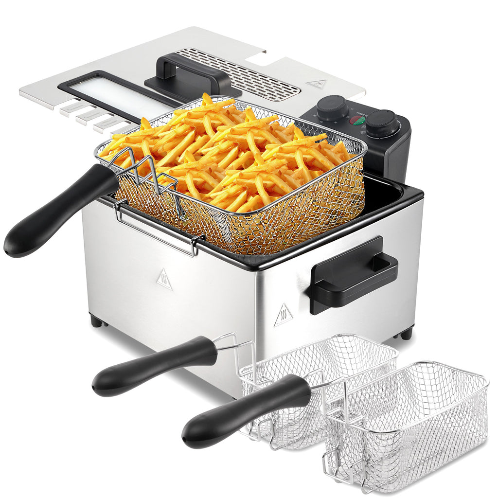 1700W Electric Deep Fryer, 5L Stainless Steel Countertop Deep Fryer with 3 Frying Baskets, Adjustable Temp & View Window Lid, Dishwasher‑Safe for Home Cooking