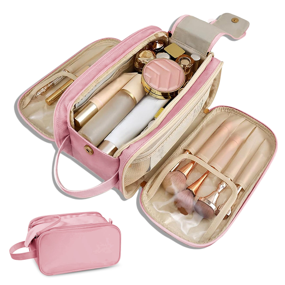 Travel Makeup Bag, Large Capacity PU Cosmetic Organizer, Water Resistant Toiletry Bag with Divided Compartments for Women, Portable Handbag for Travel & Daily Use