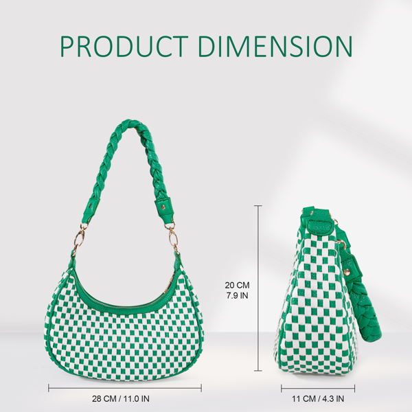 Checkered Shoulder Bag for Women, Y2K Hobo Crescent Purse with Braided Strap, Small Green White Armpit Bag Trendy Fashion Handbag