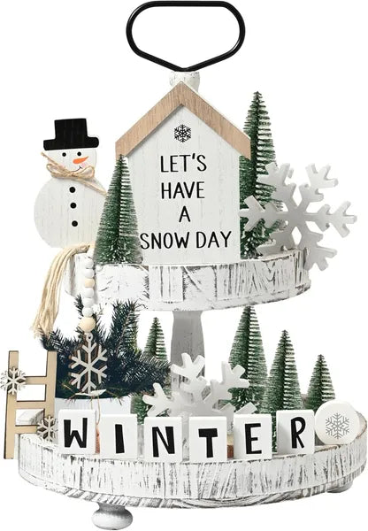 Aeelleea 14Pcs Winter Christmas Tiered Tray Decor, Rustic Snowman & Tree Wooden Signs for Table Decor, Tray Not Included