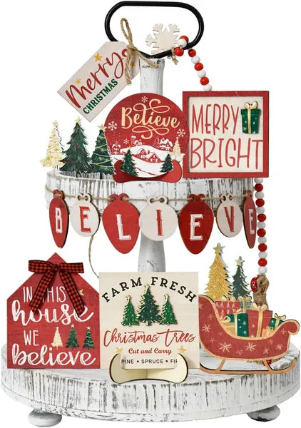 Aeelleea 15 Pcs Christmas Tiered Tray Decor Set, Wooden Tabletop Centerpiece for Indoor Xmas Home Decoration