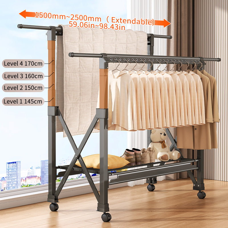 Heavy Duty Foldable Clothes Drying Rack with Wheels, Adjustable Height & Length Portable Laundry Garment Rack