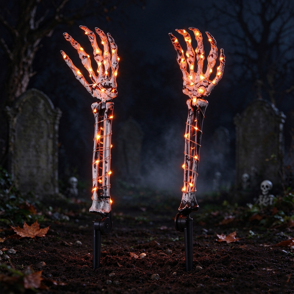 2 Pack Halloween Skeleton Arm Stake Lights, LED Lighted Skeleton Hand Yard Decor for Outdoor Graveyard Garden Halloween Decorations