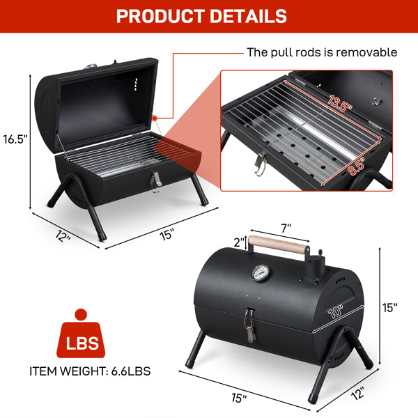 Portable Charcoal Grill, Tabletop Barrel BBQ Grill with Thermometer and Wood Handle, Small Outdoor BBQ for Camping Patio