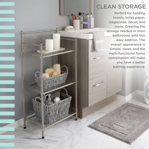 AEELLEEA 17" x 11" x 36" 3-Tier Iron Bathroom Shelf, Freestanding Rust Resistant Storage Rack in Satin Nickel Finish