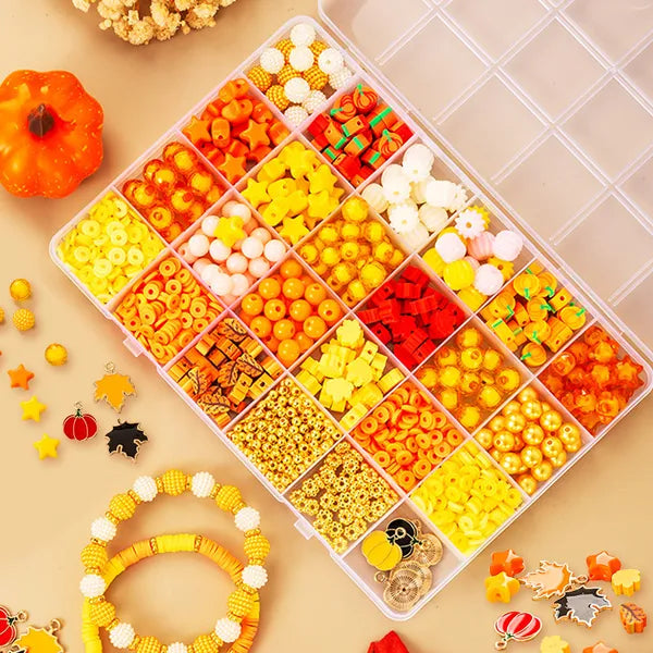 1510Pcs Fall Thanksgiving Beads DIY Jewelry Making Kit, Pumpkin Maple Leaf Autumn Bead Set with Elastic Cord for Bracelet Necklace Craft Supplies