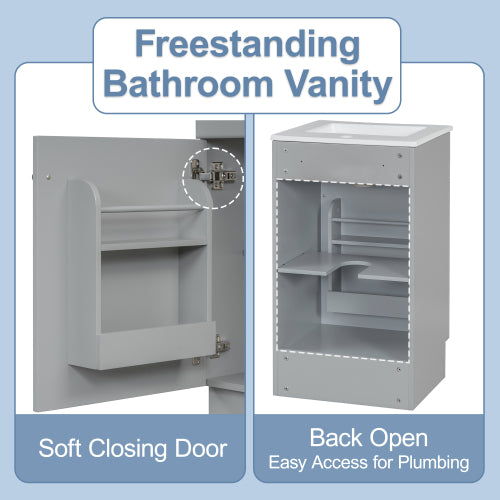 Gray Bathroom Vanity with Sink 18 Inch, Freestanding Small Bathroom Cabinet with Ceramic Basin, Soft Close Door
