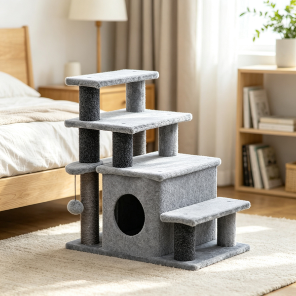 Cat Tree Cat Tower 26 Inch, Multi Level Gray Cat Tree with Condo Scratching Post, Plush Cat Tower with Hanging Toy for Indoor Cats