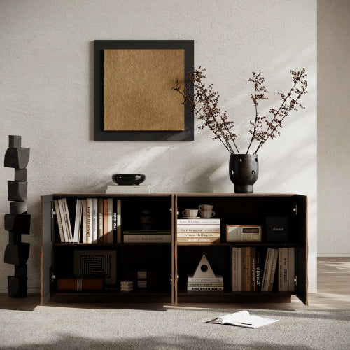 AEELLEEA 59" Modern Walnut Sideboard Buffet Cabinet with 4 Doors, Wave Pattern Storage Cabinet for Dining Room and Living Room