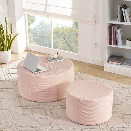 AEELLEEA Set of 2 Pink Round Ottomans, Ribbed Upholstered Footstools for Living Room